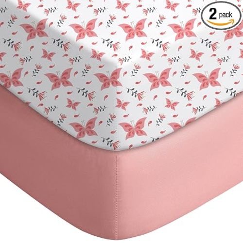 Yoofoss Baby Crib Sheets for Boys Girls, Fitted Crib Sheet 2 Pack for Standard Crib and Toddler Mattress, Super Soft Microfiber Baby Sheet 28x52x8in Pink + Butterflies