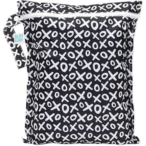 Bumkins Waterproof Wet Bag for Baby, Travel, Swim Suit, Cloth Diapers, Pump Parts, Pool, Gym Clothes, Toiletry, Strap to Stroller, Daycare, Zipper Reusable Bag, Wetdry Packing Pouch, XOXO Black