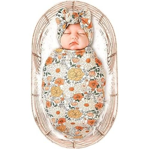 Konssy Baby Girl Newborn Receiving Blanket with Headband Set Baby Swaddle Nursery Swaddle Wrap