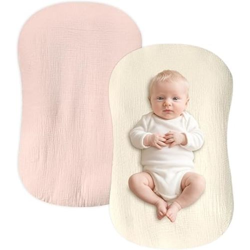 Hooyax Muslin Baby Lounger Cover 2 Pack, Soft and Breathable Newborn Lounger Cover, Adorable Baby Nest Slipcover for Boys Girls, Covers Only (Pink, Wheat)