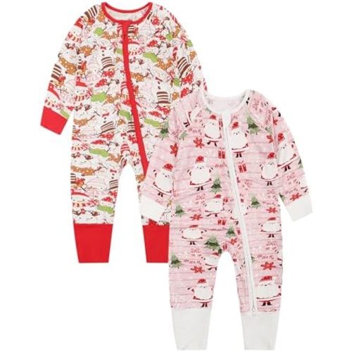 OPAWO Viscose from Bamboo Baby Pajamas Girl 2pack Mittens Cuff 2 Way Zipper Soft Footless Sleeper Baby Boy One-Piece Romper