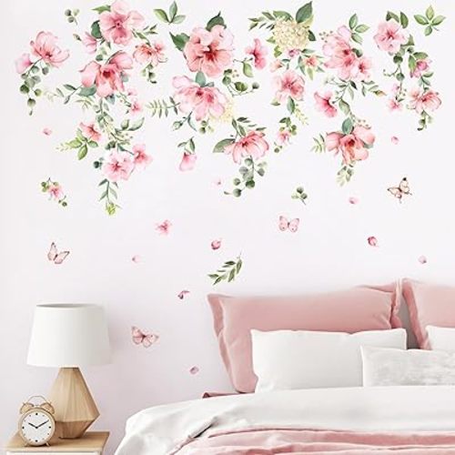 Pink Flower Wall Stickers, Spring Garden Floral Wall Decals 10 Sheets DIY Peel and Stick Wall Decal Self Adhesive Wall Art Decor for Bedroom Sofa Backdrop Cabinets Drawers