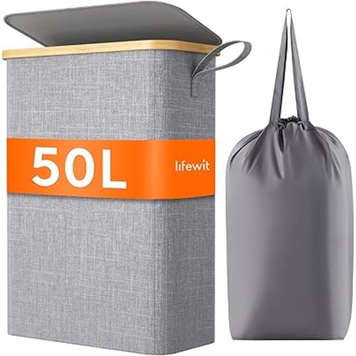 Lifewit 50L Slim Laundry Hamper with Lid, Narrow Laundry Basket with Removable Bag & Bamboo Handles, Fodable Thin Dirty Clothes Hamper for Laundry Collapsible Bin for Bathroom Bedroom Dorm, Gray
