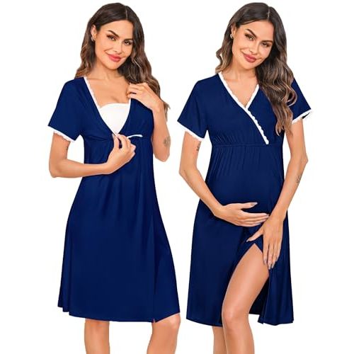 SWOMOG Women 3 in 1 Delivery/Labor/Nursing Nightgown Short Sleeve Pleated Maternity Sleepwear for Breastfeeding