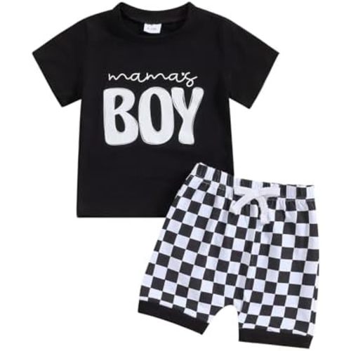 Toddler Baby Boy Summer Clothes Mamas Boy Checkerboard T-Shirts Tops and Elastic Shorts Sets Newborn Infant Clothes