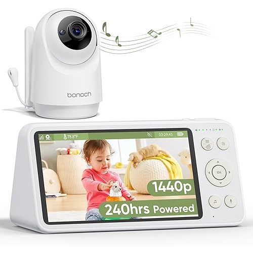 bonoch 5.5" 1440p Baby Monitor with Camera and Audio, No WiFi Baby Camera, 240h Lasting, Smart Detect for Sleep Turn Over/Cry/Motion, 7800mAh Battery, WPA3 Hack Proof Video Monitor, White Noises