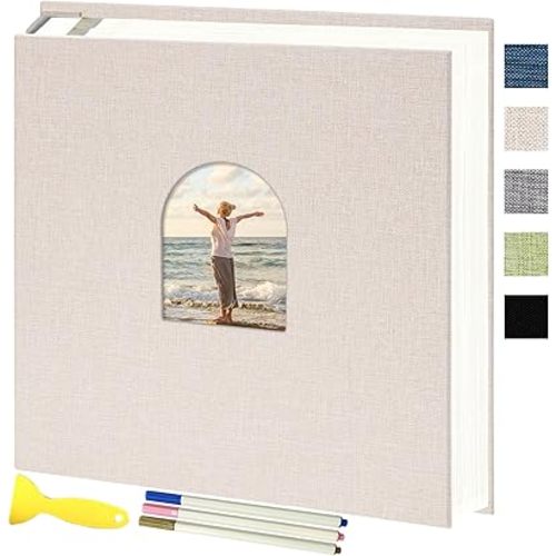 Vienrose 12.60x13 Inch Self-Adhesive Photo Album Linen Cover Arch Window Scrapbook Album 120 Pages Blank Inner Page Memory Book with Three Metallic Pens, Beige