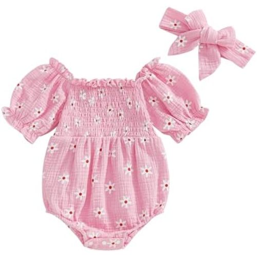 Newborn Baby Girl Summer Clothes Daisy Print Short Sleeve Smocked Romper Bodysuit with Headband Cute Baby Outfits