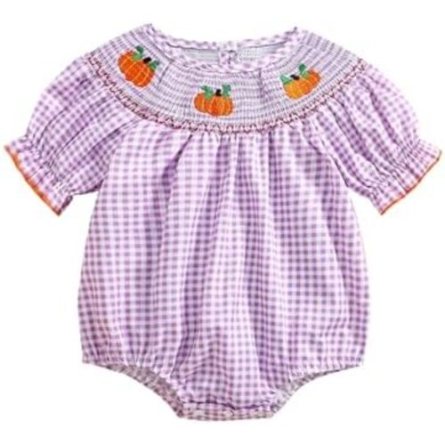 Newborn Baby Girl Smocked Pumpkin Outfit Infant Plaid Bubble Romper Embroidery Halloween Thanksgiving Fall Clothes