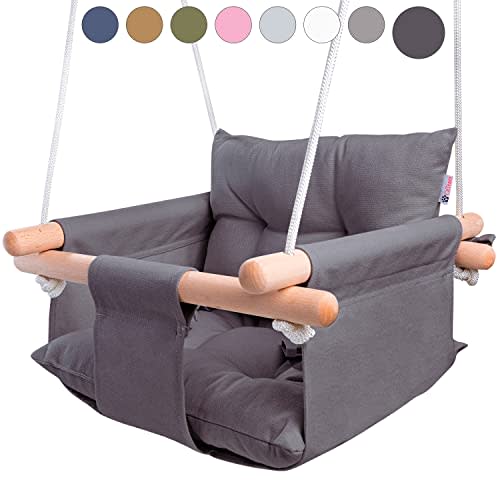 CaTeam - Canvas Baby Swing, Wooden Hanging Swing Seat Chair with Safety Belt, Durable Baby Swing Chair, Outdoor and Indoor Swing for Kids, Mounting Hardware Included, Dark Gray