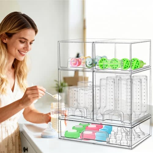 Azorteja Baby Bottle Organizer for Countertop Cabinet, 5 Pack Space-Saving Stackable Container with Drawer and Handle, Clear Baby Organizers and Storage for Bottles, Pacifiers, Pump Parts