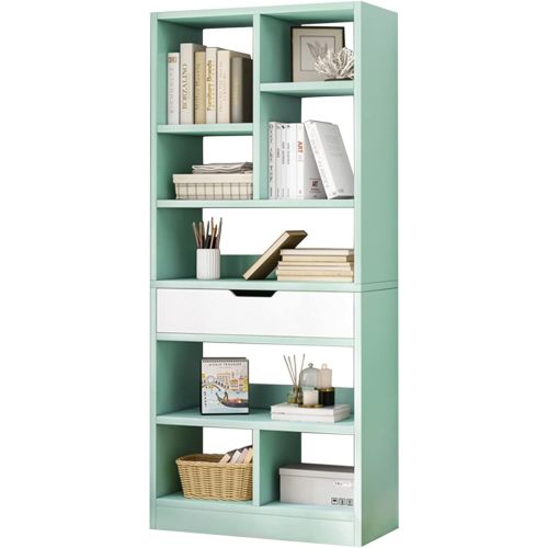 IOTXY Wooden Open Shelf Bookcase - 61 Inches Height Freestanding Display Storage Cabinet Organizer with 8 Cubes and a Drawer, Floor Standing Bookshelf in Tiffany-Green
