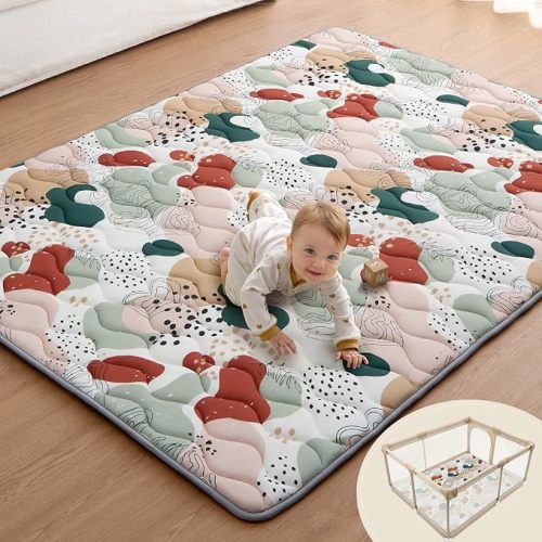 Blissful Diary Baby Play Mats for Floor, 72x48 Inch Extra Thicker & Large Soft Cushioning Foam Playmats for Babies and Toddlers, Foldable Washable Baby Crawling Mat for Playpen, Earth Tones Design