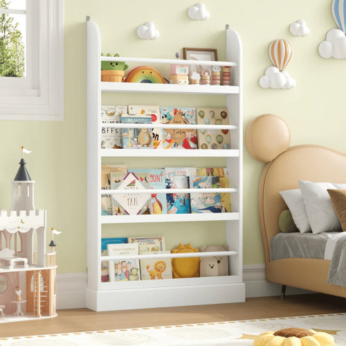 Homfa 4 Tier Kids Bookshelf, Wall Storage Bookshelf Organizer for Playroom Kids Room, White Finish