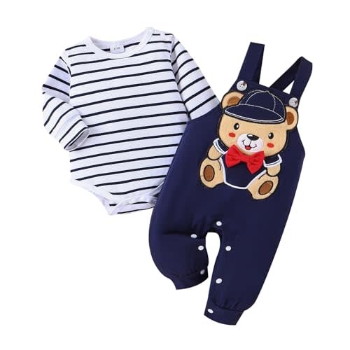 TOKIAGO Baby Boy Clothes Newborn Outfits Fall Winter Striped Romper Infant Cartoon Overall Adjustable Suspender Pants Set