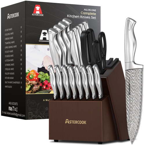 Astercook 20 Pcs Kitchen Knife Set with Block, Full Tang Knives Sets German Stainless Steel, Built-in Sharpener, Dishwasher Safe