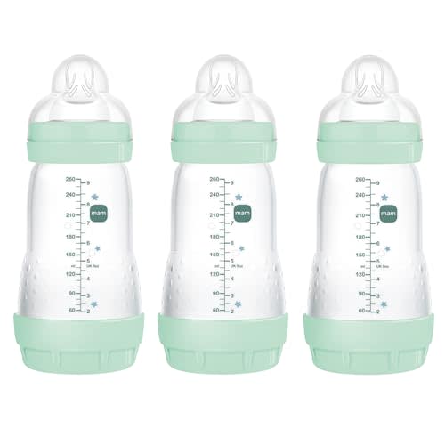 MAM 9oz Easy Start Anti-Colic Baby Bottles, Medium Flow, Breastfeeding-Like Silicone Nipple Bottle, Reduces Colic, Gas, & Reflux, Easy-to-Clean, BPA-Free, 2+ Months