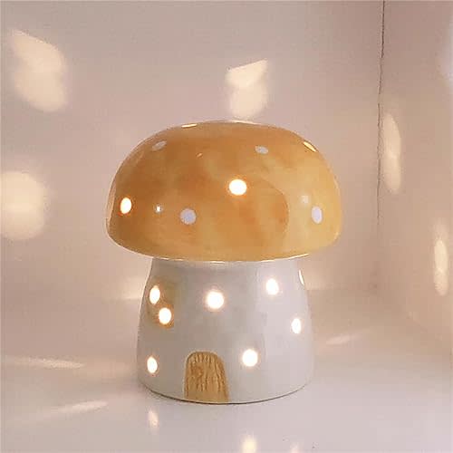 Hollowed Mushroom Lamp Small Bedside Table Lamp, Cute Ceramic Mushroom Night Light, Unique Nightstand Desk Lamp Nursery Decor Cottagecore Gifts (Yellow)