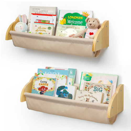Harriet Bee Nursery Kids Wall-Mounted Bookshelf, Cute Inspired Sling Book Storage Organizer, Solid Wood & peacheskin velvet for Nursery Bedroom Playroom Classroom (set of 2) | Wayfair