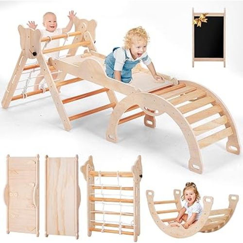 8 in 1 Pikler Triangle Set for Toddler, Foldable Wooden Montessori Climbing Toys with Sliding, Seesaw & Climbing Arch, Indoor Outdoor Playground Jungle Gym for Baby, Kids (Wood)