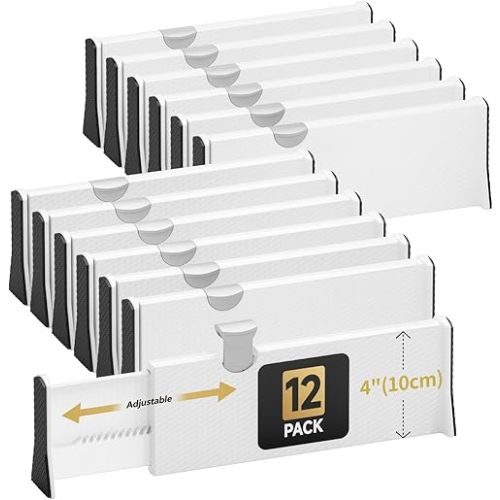 Drawer Dividers Organizer 12 Pack, Adjustable Separators 4" High Expandable from 11-17" for Bedroom, Bathroom, Closet, Clothing, Office, Kitchen (White, 12 PACK)