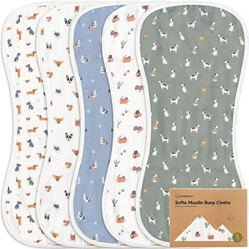 5-Pack Muslin Burp Cloths Baby Boy, Girl - Very Absorbent Baby Burp Cloth Rags, 8-Layers Viscose Derived from Bamboo Cotton Muslin Towel, Super Soft Spit Up Rags, No Shrink Washcloths(Pets & Paws)