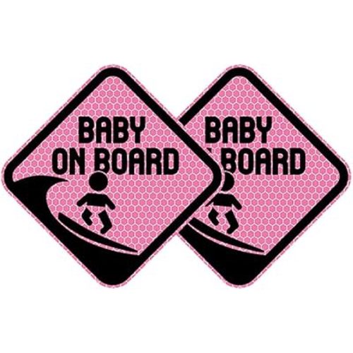 Baby on Board Surf Sticker for Cars - 2pcs Reflective Vinyl Decals, Funny Sign 4.92x4.92 in, Safety Warning Decal for All Cars (Pink)