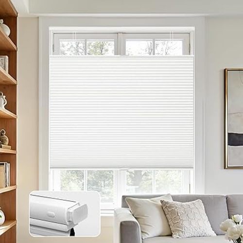 Joydeco No Tools No Drill Blinds for Indoor Windows, Cordless Window Blinds Cellular Shades Top Down Bottom Up Blackout Honeycomb Blinds Thermal Insulated Noise Reduction (White, 29" W x 64" H)