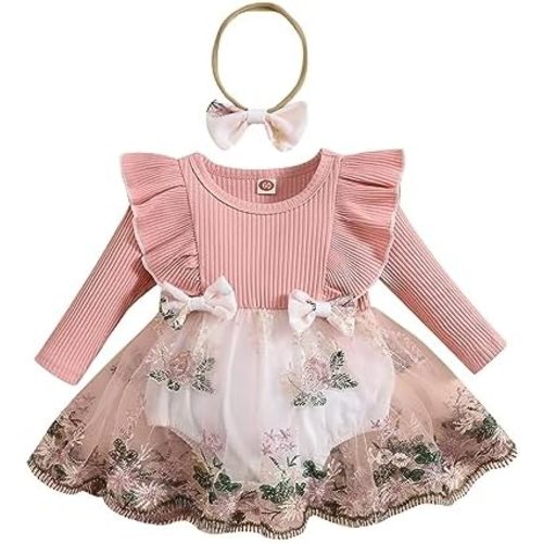 ZAXARRA Newborn Baby Girl Romper Long Sleeve Ruffle Romper Dress Cute Headband 2 Piece Outfits