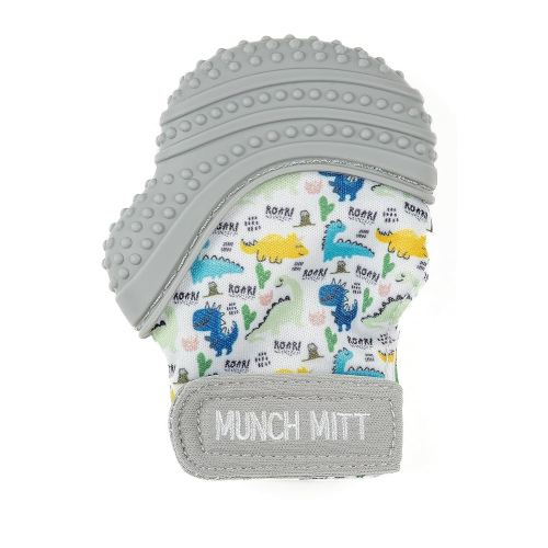Malarkey Kids Baby Teething Mitten, Munch Mitt Baby Chew Toy - Protects Hands from Chewing & Saliva, Heals Aching Gums, Promotes Sound & Visual Stimulation for Babies - Dino Roar