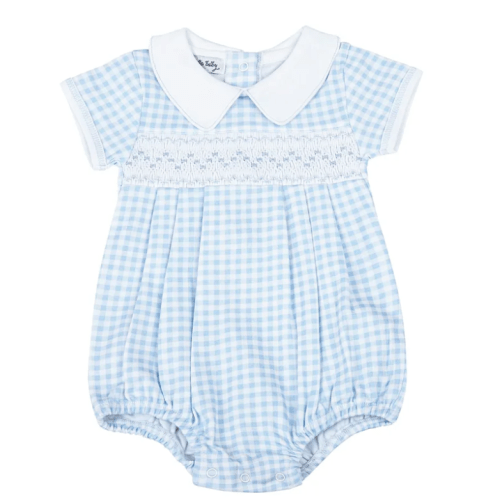 Mini Checks Knit Smocked Collared Blue Bubble