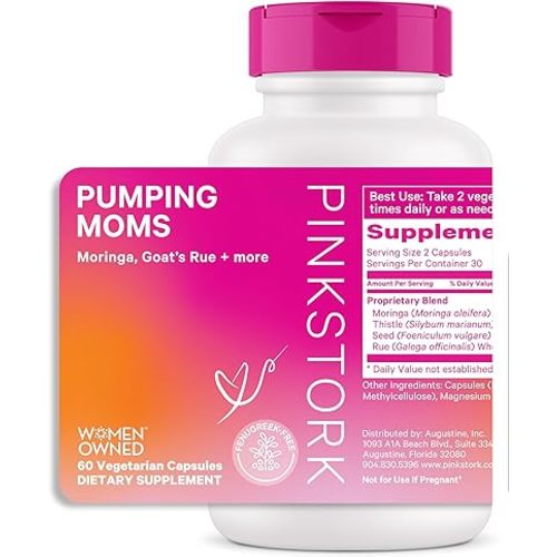 Pink Stork Pumping Moms Lactation Supplement - Support Breast Milk Supply and Flow with Goat's Rue, Milk Thistle and Moringa, Fenugreek-Free, Breastfeeding Essentials for New Moms - 60 Capsules