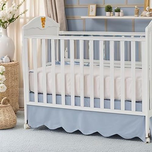 Brandream Scallop Edge Cotton Crib Skirt, Baby Boy Girl Gender Neutral Crib Skirt Toddler Bedskirt Farmhouse Chic Nursery Crib Bed Skirt, Boho Bohemian Solid Mist Blue