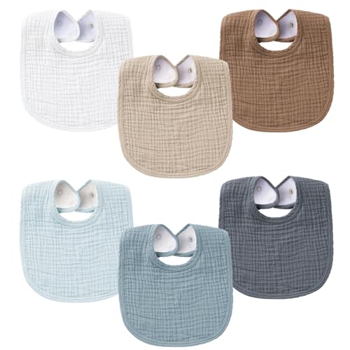 Konssy Muslin Baby Bibs 6 Pack Baby Bandana Drool Bibs Soft Cotton for Unisex Boys Girls, Absorbent Solid Colors Bibs