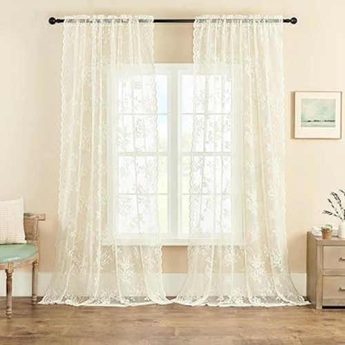 Victorian Floral Lace Curtains, 52"W x 90"L (Pack of 2), Ivory, Light Filtering, Semi-Sheer, Privacy, Lightweight, Lace Edges, Rod Pocket, Bedroom, Dining Room, Living Room
