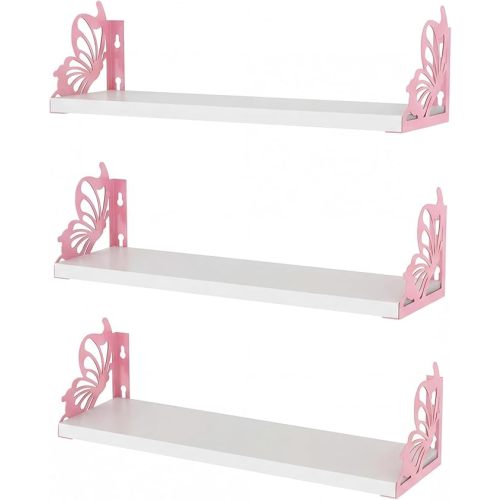 Hoikwo 3 Pack Butterfly Wall Shelves, White Pink Floating Book Shelves, for Mother, Mom, Women, Girls, for Preppy Room Decor, Living Room, Bedroom Decor Aesthetic