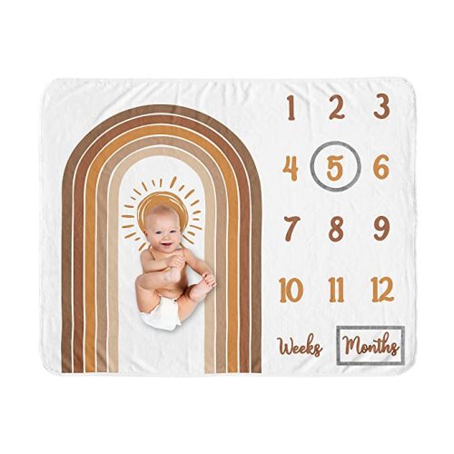 Sweet Jojo Designs Rainbow Vintage Boho Sun Boy Girl Milestone Blanket Monthly Newborn Baby Shower Memory Gift Pumpkin Orange Brown and White Bohemian Sunshine Minimalist Gender Neutral Retro Arches