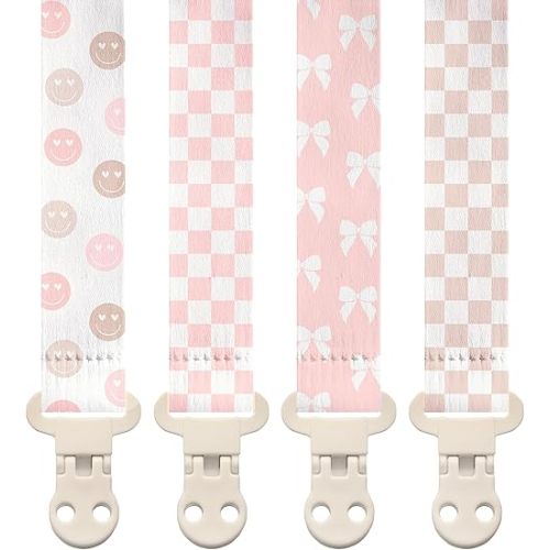 Stadela Baby Fabric Pacifier Clip Holder, Plastic Clip, 4‑Pack, Checker Pattern, Emily Set