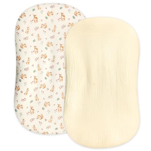 Hooyax Muslin Baby Lounger Cover 2 Pack, Organic Removable Lounger Slipcover for Newborn, Baby Padded Lounger Infant Floor Seat Covers for Boys Girls (Creamy Yellow & Squirrel)
