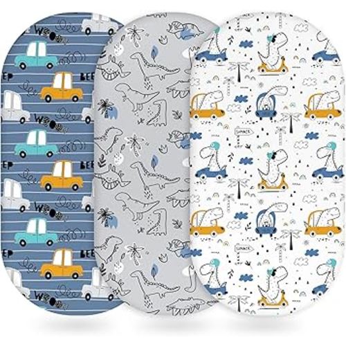 Baby Bassinet Sheets Girl Boy, Fitted Bassinet Sheet Set 3 Pack Bassinet Mattress Sheets Universal Fit for Rectangle, Round, Oval, Hourglass Mattress, Soft Breathable Grey & Blue Car