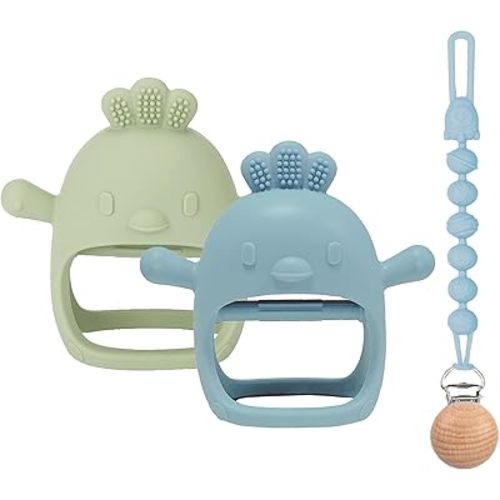 3 Packs Baby Teether Toy for 0-6 6-12 Months,Hold & Wear,BPA Free,Food Grade Silicone Teething Mitten, Anti Dropping Wrist Hand Teethers Baby Chew Toys for Sucking Needs(Blue & Green)