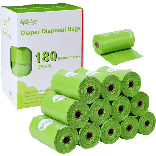 Diaper Bags Disposable for Baby, 12 Refill Rolls/180 Bags OXO-Biodegradable Waste Bags,Dirty Disposable Diaper Bags,Diaper Trash Bags,Green