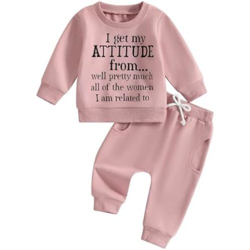 Mandizy Baby Girl Fall Clothes Funny Letter Print Long Sleeve Crew Neck Sweatshirt Casual Pants Set Toddler Winter Outfit