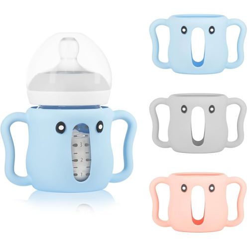 3 Pack Sleeves for Avent Baby Bottle, BPA Free Silicone Sleeves with Handles for Avent Natural Glass Baby Bottles, Anti Breakage Cover for Phillips Glass Avent Bottles (Pink+Blue+Grey, 4 Oz)