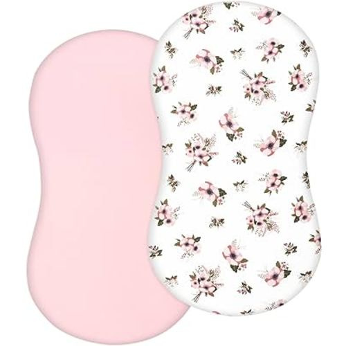 TILLYOU Cotton Fitted Bassinet Sheets for Baby Boy Girl, Fit for Halo Bassinet Swivel Sleeper, Adapt to Hourglass Bassinet Mattress Sheet, 31.5'' x 18'', 2 Pack Floral & Pink
