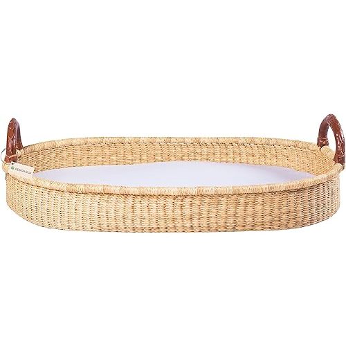 Design Dua Baby Changing Basket with Pad Liner & Sheet for Changing Table, Luxury Waterproof Diaper Pad & Soft Quilted Liner, Handmade from Elephant Grass Newborn Wicker Basket, Baby Shower Gift