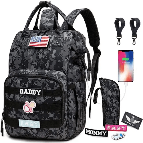 Camo Diaper Bag Backpack for Dad and Mom with USB Charging Port Stroller Straps and Insulated Pocket,army military Travel Nappy Backpack (DADDY and MOMMY patches)