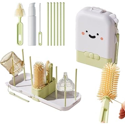7-in-1 Baby Bottle Brush Set, Silicone Bottle Brush, Nipple Brush, Straw Cleaner, Travel Bottle, Drying Rack, Cleaning Kit Large Size Green