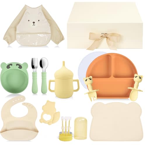 Baby Utensils Set–Infant Feeding Essentials&Baby Plate Set–Deluxe Silicone Feeding Mat,Long Sleeve Bibs,Training Cup,Spoon&Fork,Stainless Steel Set,Teethers,Toothbrush Kit – in Gift Box for Newborns