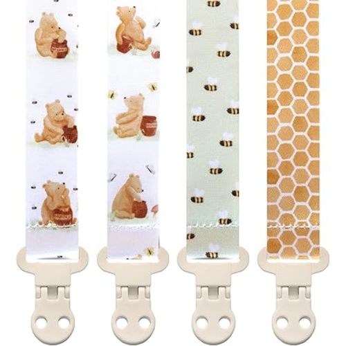 Baby Pacifier Clip Holder - Boy and Girl Unisex 4 Pack Gift Set – Vintage Neutral Winnie Bear and Bees Beige Yellow and Green
